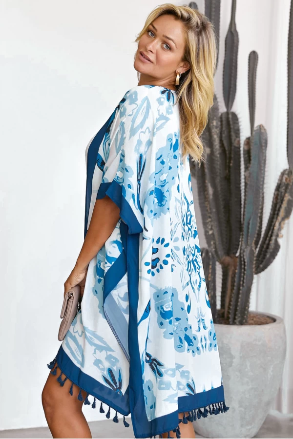 Marines Military Blue Bohemian Print Open Front Loose Cover up